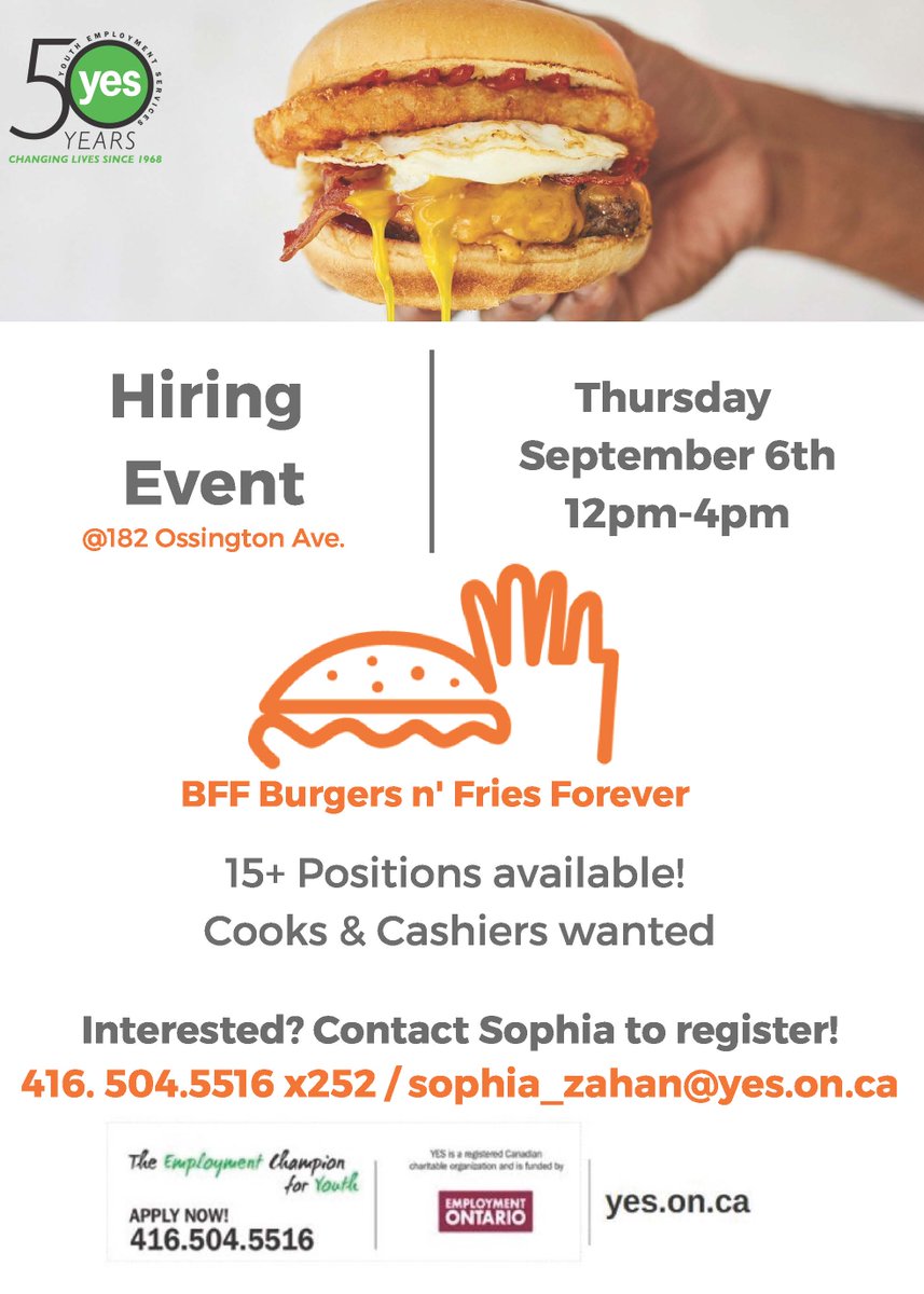 This Thursday!
.<a href="/BFFBurgers/">Burgers n' Fries Forever</a> is opening a new location in Toronto &amp; they are #hiring for several positions. Contact Sophia to register! #yestoronto