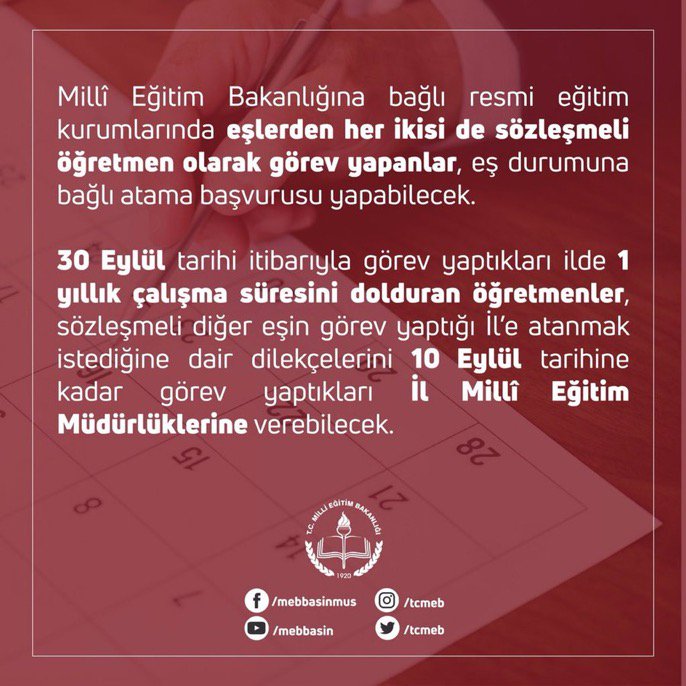 Eşlerden her ikisi de sözleşmeli öğretmen olan sözleşmeli öğretmen lerle ilgili eş durumu atamaları başlamıştır..