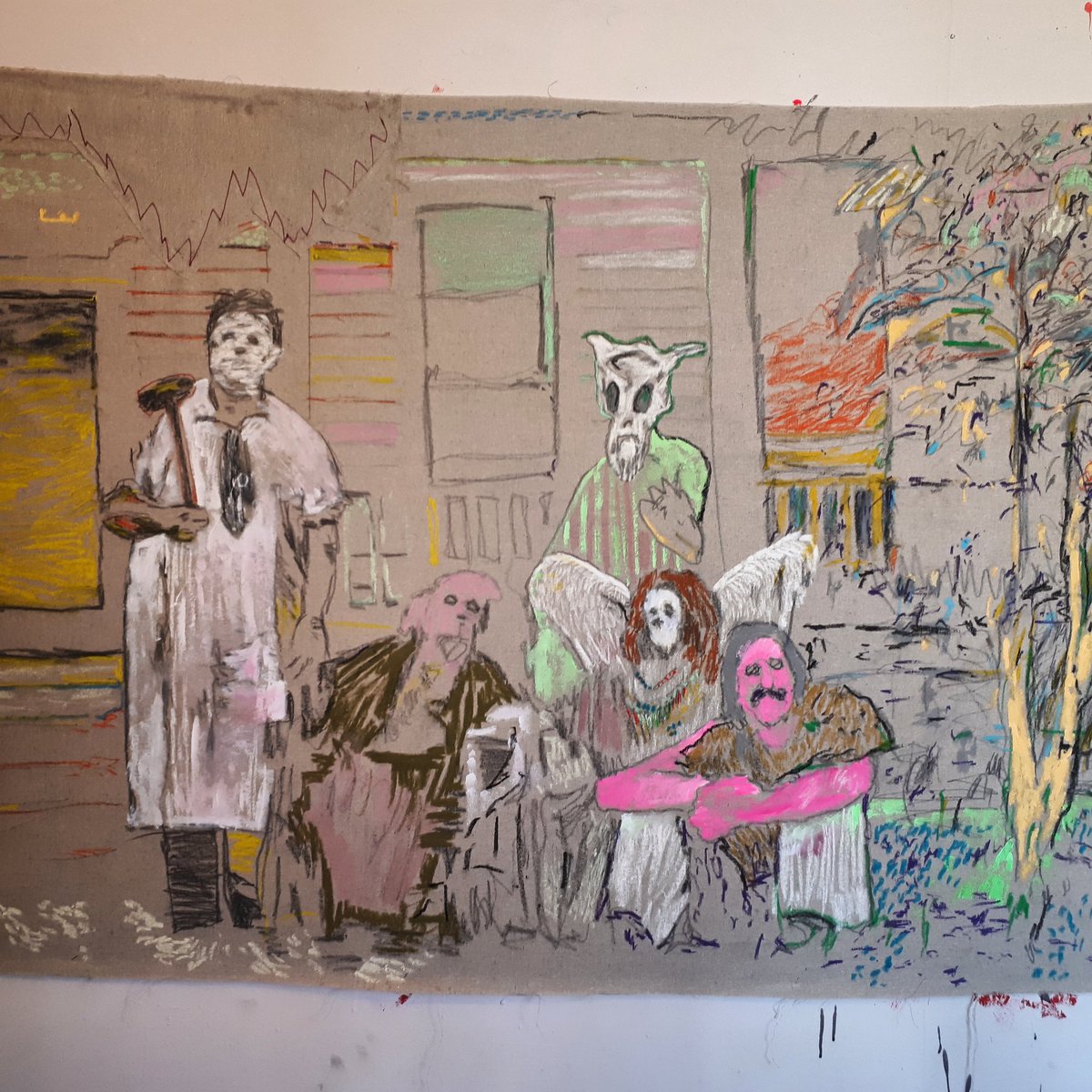 hawkwind1986's tweet photo. Leatherface and fam, ongoing result of another session with Matt Bray #painting #collaboration #artists #kent #leatherface  #mattbray https://t.co/wo0oQzPbAh