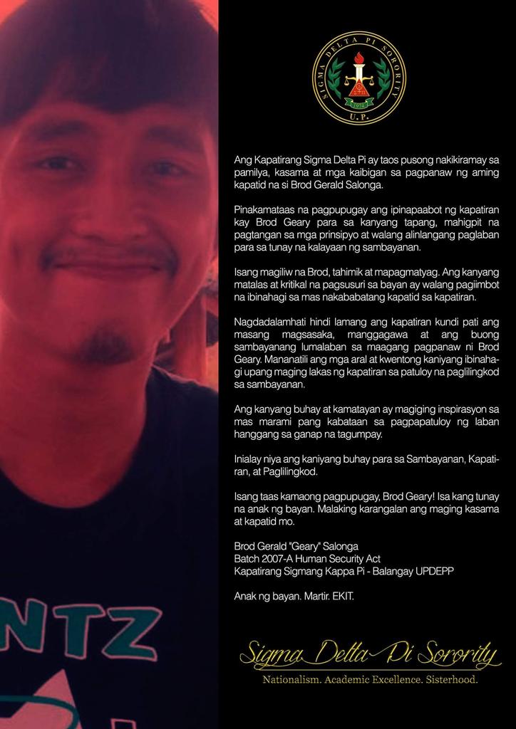 Pagpupugay sa martir na anak ng bayan! 

Pagpupugay Brod Geary Salonga!