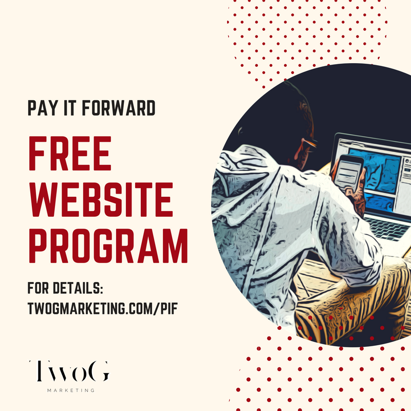 TwoGMarketing's tweet photo. Once a quarter, we're going to "Pay It Forward" by donating a free website to someone who has a great vision but needs help bringing it to fruition. The deadline for Q4 is 10/31. Get the details here: https://t.co/7XP6qPEvGN https://t.co/MPZOWdrHTd