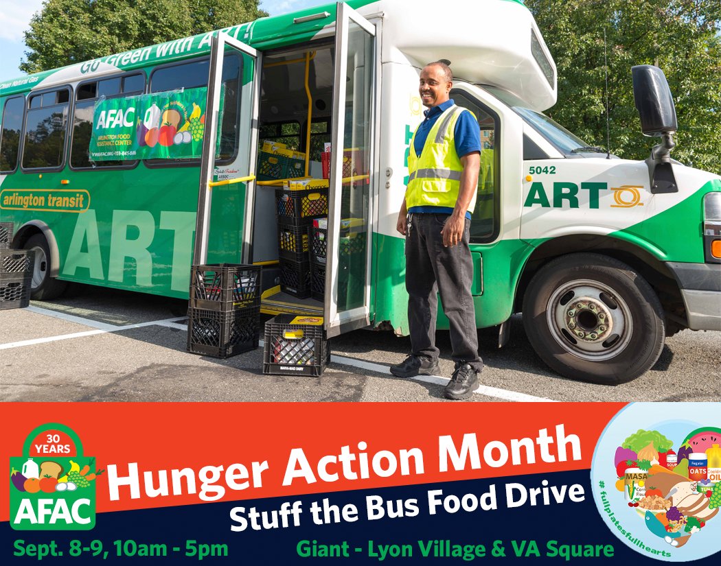 AFACfeeds's tweet photo. We are at both Lyon Village and Virginia Square @GiantFood  locations this weekend from 10am - 5pm collecting food donations. Help us stuff Arlington Transit buses with nutritious food for our neighbors in need! #StuffTheBus #afacfeeds #hungeractionmonth #afacHAM 🥫🥫➡️🚍 https://t.co/jJqDPuLtPm
