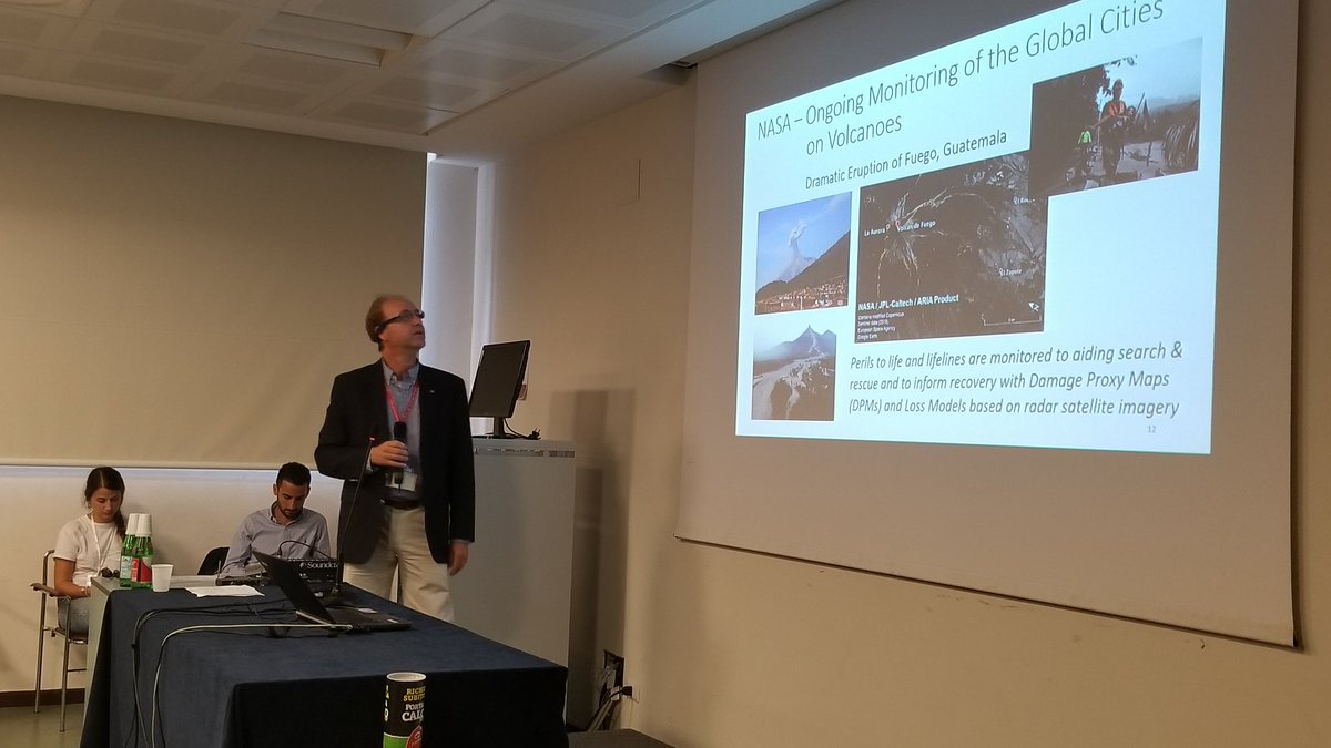 Shanna_McClain's tweet photo. NASA Associate Program Manager John Murray discussing #NASADisasters data products in support of the #Kilauea disaster response at the Cities on Volcanoes Conference in Naples. #cov2018 #volcan https://t.co/kVdxpvu4Oh