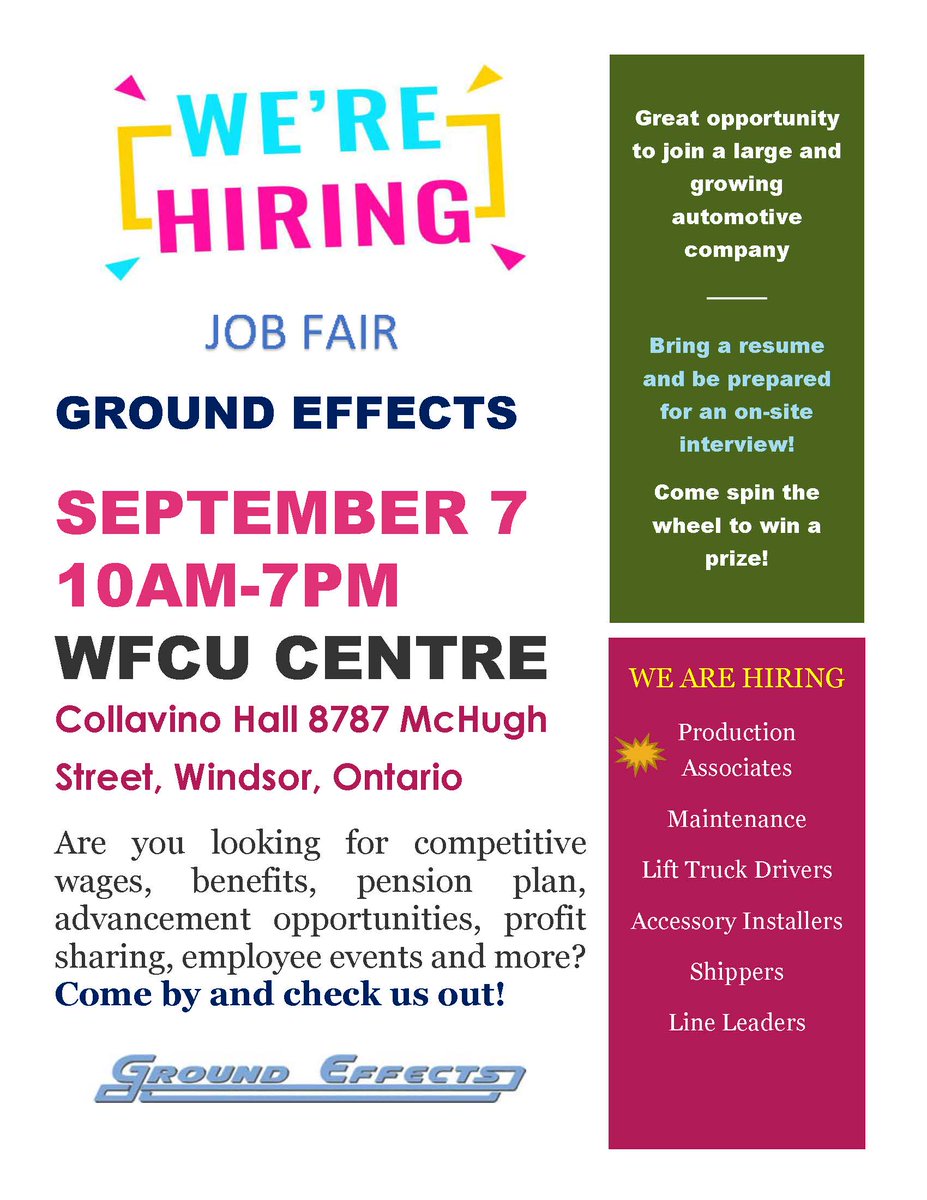 DarleneWFWE's tweet photo. Don't Forget about #GroundEffects Job Fair this Friday Sept 7th @wfcucentre from 10am to 7pm Bring your Resume and be prepared for an on-site interview #YQG #workwindsor @WorkforceWE https://t.co/9NnlEOMP8d