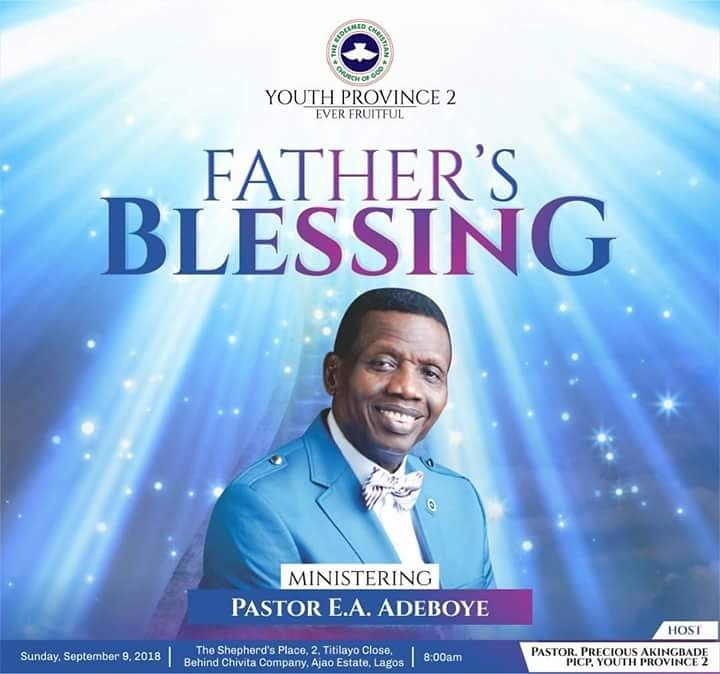 fafure_paul's tweet photo. It is "Father's Blessing"...

Pastor E. A. Adeboye live in Ajao Estate, RCCG  The Shepherd's Place, RCCG Youth Province 2 HQTS.
"9th September, 2018."

#DivineBlessing
#PastorEAAdeboye
#RCCGYouthProvince2
#EverFruitful https://t.co/wEX7SyiU6W