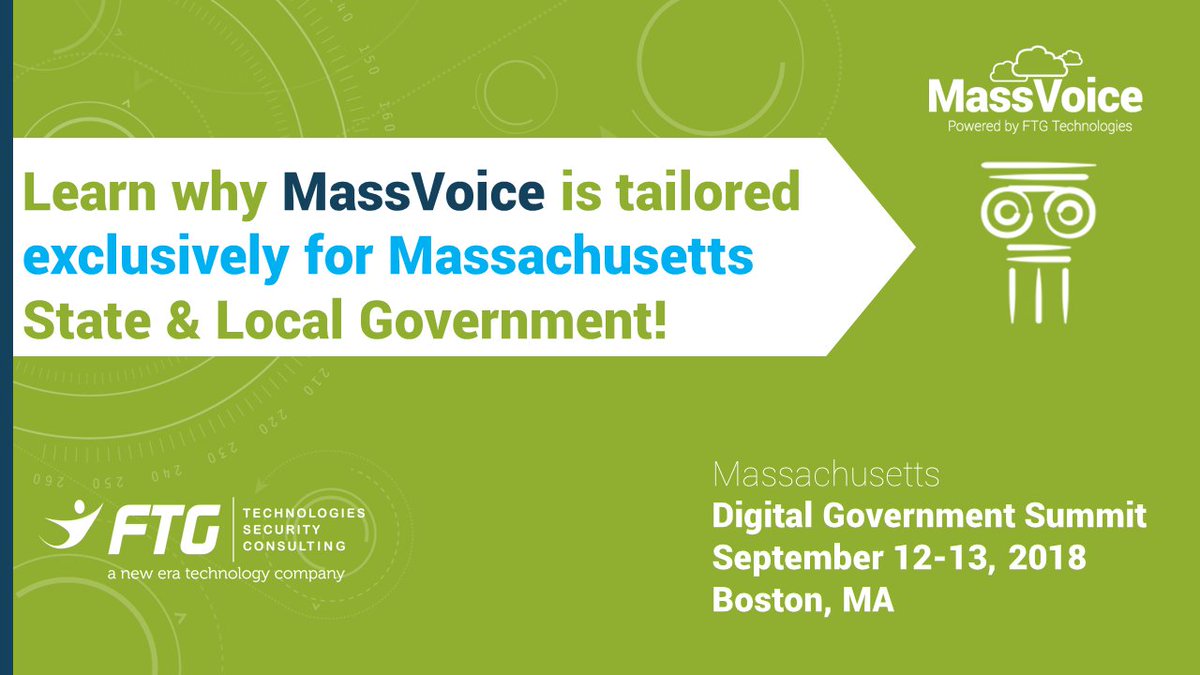 ftgtech's tweet photo. We are excited to be a sponsor of the #govtechlive Massachusetts #DigitalGovernmentSummit 2018! Connect with us to learn why MassVoice secure private cloud services are tailored exclusively to Massachusetts State/Local Government agencies. @MassEOTSS https://t.co/6DfFmmBTfw
