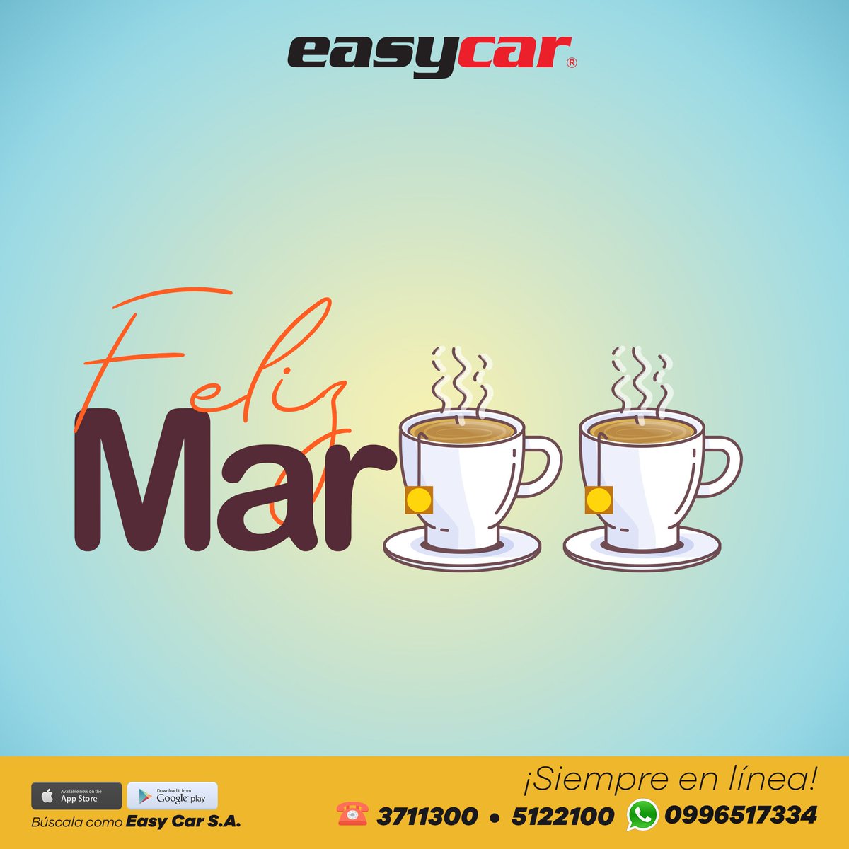 taxieasycar's tweet photo. ¡Buenos días! Feliz martes, tengan todos una excelente jornada llena de éxito e inspirados a lograr los objetivos trazados. No olvides que siempre cuentas con #EasyCar ¡Taxi seguro! 👌🚖
PBX 3711300 • 5122100
#WhatsApp 0996517334 #FelizMartes #Guayaquil #GYE https://t.co/4bMUB73oPW