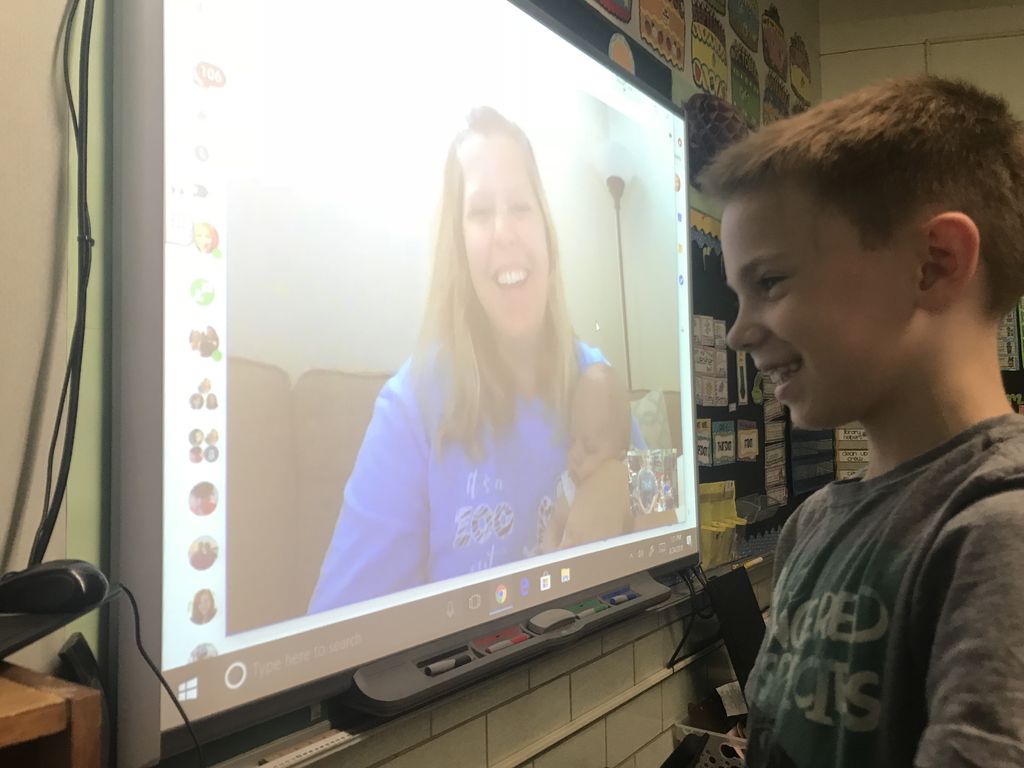 SMFSchools's tweet photo. Riverview first graders got to do their first Google Hangout with Baby Bohnert! Mom and baby are doing great and were excited to meet the class! #BabyBulldog #true2stow @SMFSchools @GoogleForEdu https://t.co/kc3f68EMZp
