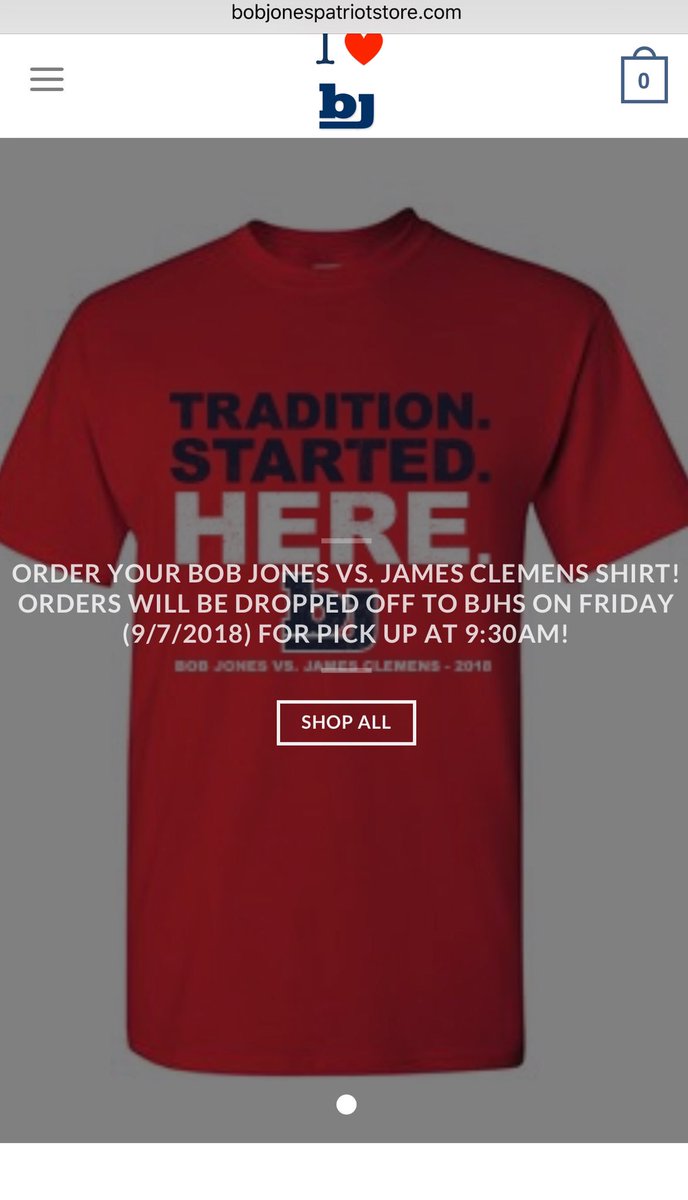 Pre-order your BJ vs JC shirt using the link below. Pre-orders will be taken today through Thursday at 9 am. Shirts can be picked up Friday morning at 9:30 from BJHS. 

bobjonespatriotstore.com