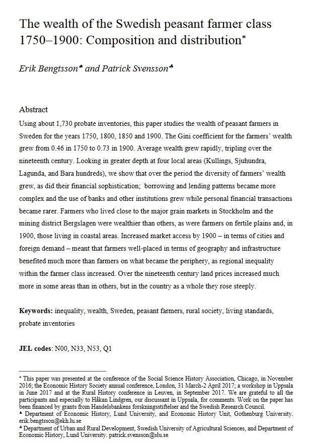 .@AgrarSvennis and I have a new working paper on Swedish farmers' wealth and the inequality among them 1750-1900! 😊#ruralhistory #agrarianhistory #agrarhistoria

portal.research.lu.se/portal/files/5…