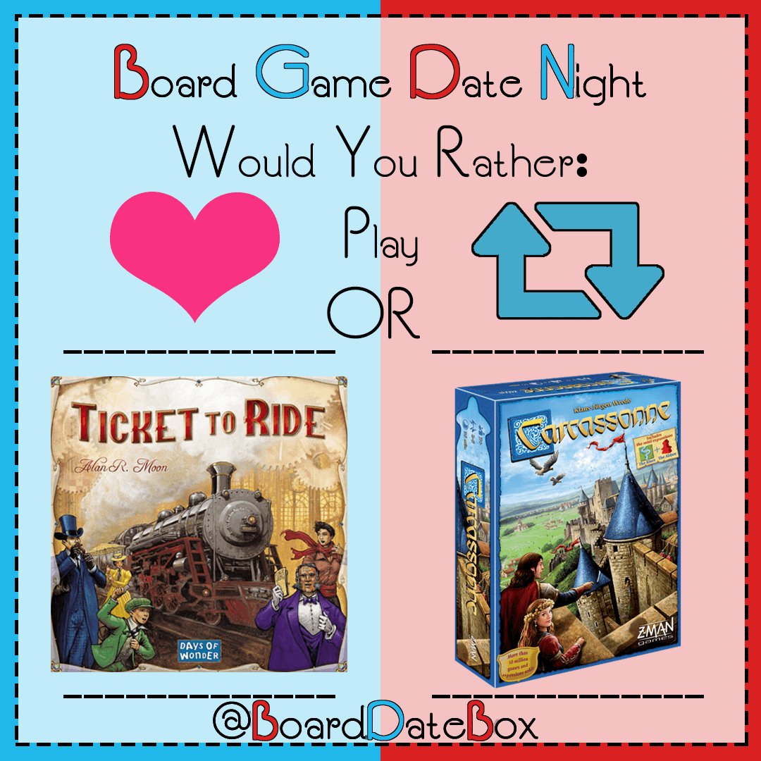BoardDateBox's tweet photo. 🕑Time for another #BoardGameDateNight #WouldYouRather! For your #BoardDateNight #WYR play #TickettoRide or #Carcassonne? 2 Great games-1 Hard decision! ❤️Love for Ticket to Ride and 🔁Retweet for Carcassonne 
#boardgames  #subscriptionbox #TTR #DaysofWonder #Zmangames #datebox https://t.co/ISyWaPSRq8