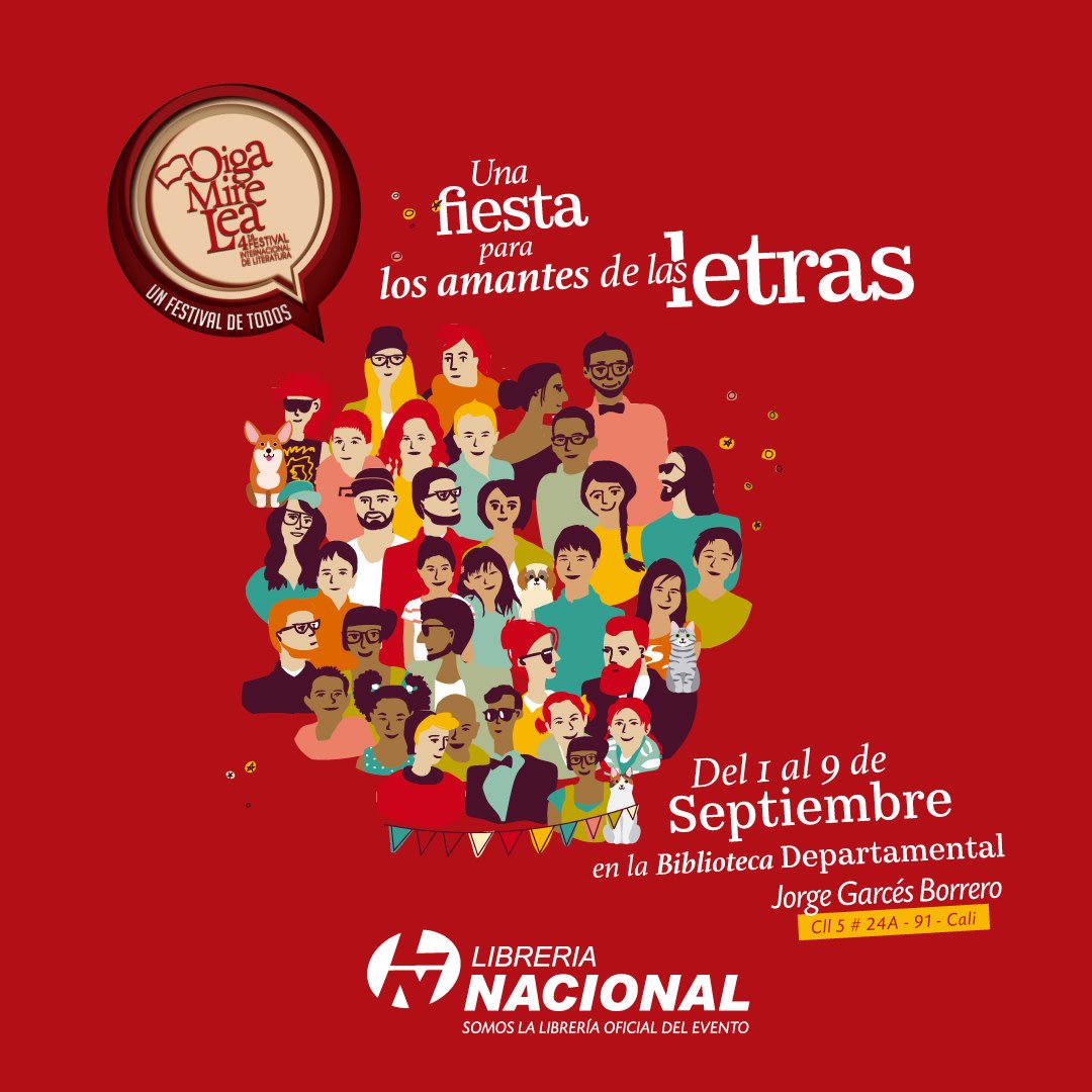 Lib_Nacional's tweet photo. #OigaMireLea Recuerda que estamos en una fiesta para los amantes de las letras con el cuarto Festival Internacional de Literatura de Cali "Oiga Mire Lea" en la Biblioteca Departamental Jorge Garcés Borrero. Prográmate aquí: https://t.co/H8dTz3MPwX #OML2018. https://t.co/hKZBHWHqno