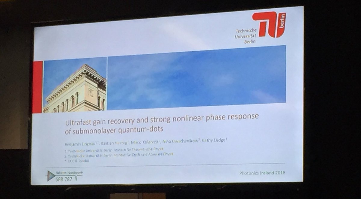 PhotonicsIre18's tweet photo. Next up is Benjamin Lingnanu from @TUBerlin speaking on ultra fast gain recovery and strong nonlinear phase response of submonolayer QD #PI2018 #Photonics #Optics #Spectroscopy @UCC https://t.co/fyOpUPWxWU