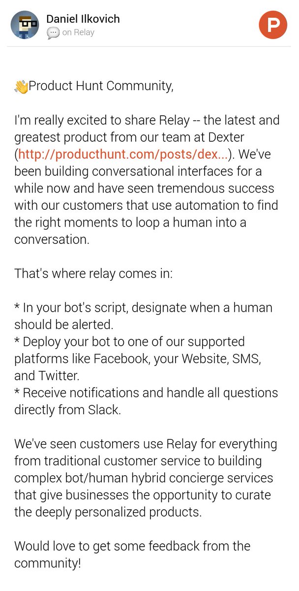 So proud of the <a href="/rundexter/">Dexter</a> team for working hard to get Relay out. Let us know what you think <a href="/ProductHunt/">Product Hunt 😸</a> producthunt.com/posts/relay-12…