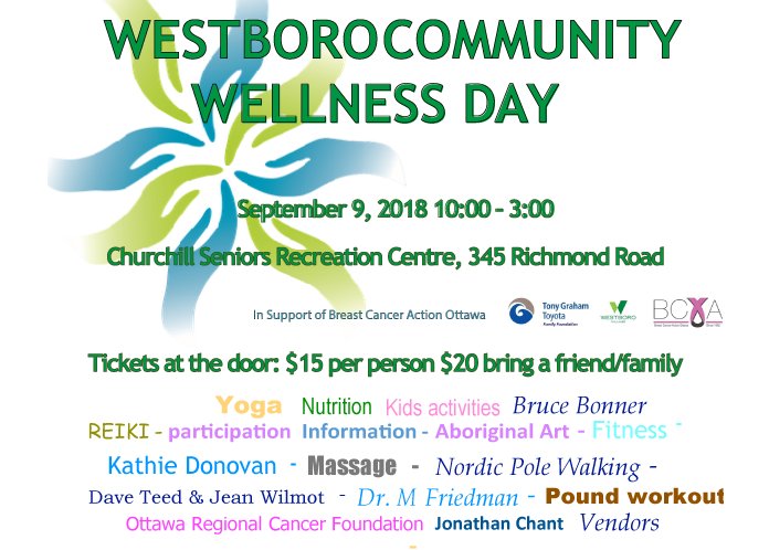 westboroBIA's tweet image. Join us on Westboro Community Wellness Day, September 9 in support of Breast Cancer Action @bcaott - Churchill Seniors Centre w/@kathie_donovan @FitnessFFreedom @living_science1 @BIBWestboro @hybrid_pharm #NordicPoleWalking, #PoundClass, #Yoga, #Bosu +more goo.gl/pPbsKW
