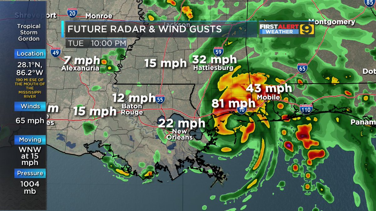 SteveWAFB's tweet photo. HRRR indicates potential for hurricane force wind gusts along the MS coast as #Gordon makes landfall tonight. #LAwx #MSwx https://t.co/cKHHS8zfxZ