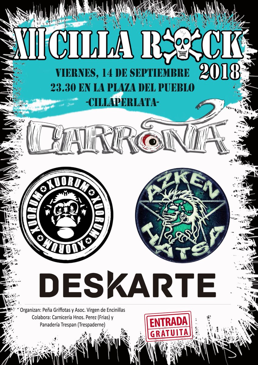 El próximo 14 de Septiembre estaremos en el #XIICillaRock en #Cillaperlata. Será nuestra última fecha del verano. Nos acompañarán los amigos de <a href="/Carronaoficial/">Carroña</a> @XuorumRock y #AzkenHatsa

Rock!✊✊🎸