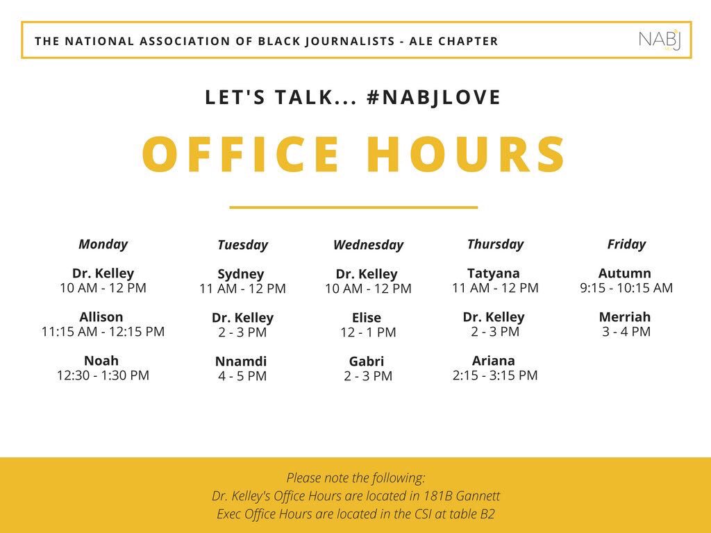 NABJ_MU's tweet image. HAPPY TUESDAY NABJ!!! 

Remember that our Office Hours start TODAY! Start coming by to see us and chat! 

Remember to pay your DUE$! Especially with #NABJMUPictureDay coming up!