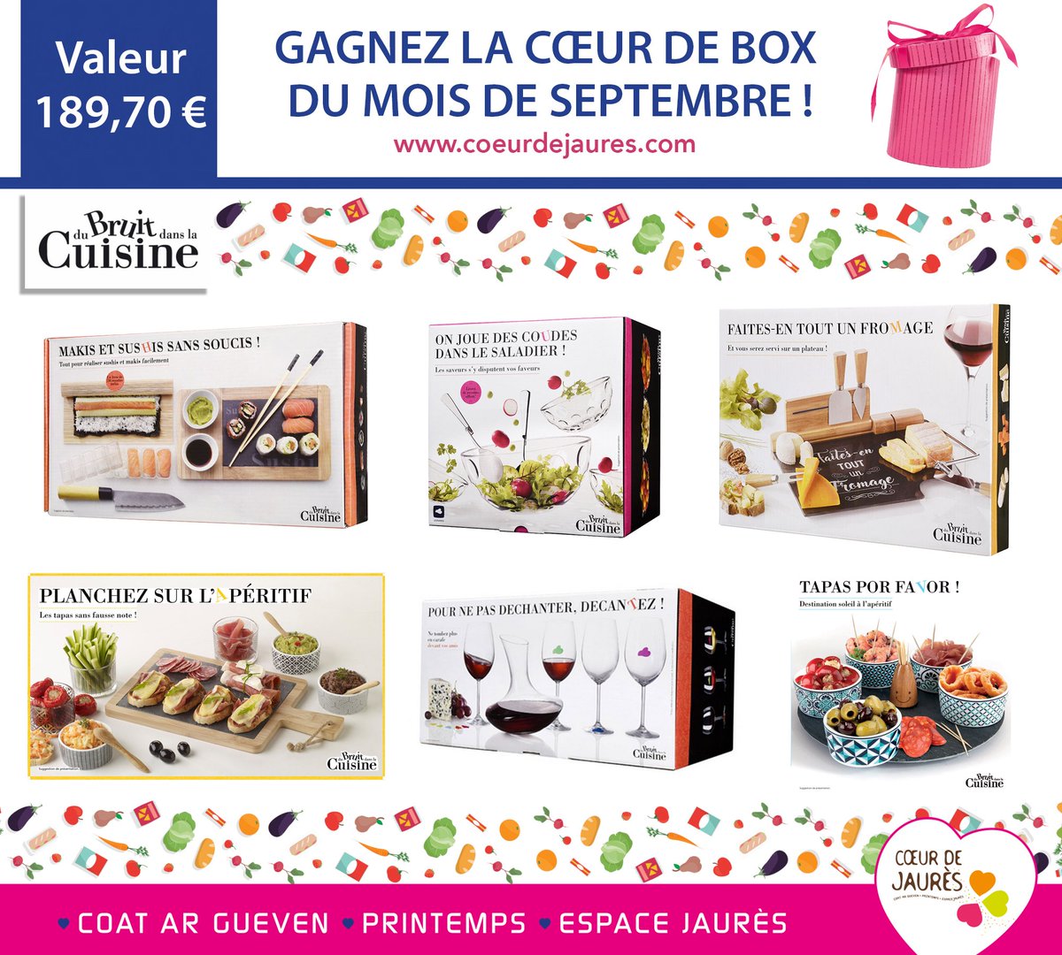 GAGNEZ TOUT SUR LA PHOTO : LES 6 COFFRETS !
 La #CoeurdeBox  de septembre passe à table ! D’une valeur totale de 189,70 €, cette #box  est composée de 6 méga coffrets de #DubruitDansLaCuisine #brest ! 
➡ Pour jouer, RDV sur notre facebook -> bit.ly/2NdIdWW