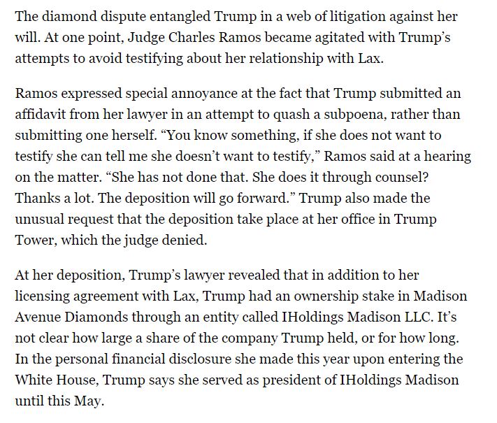 I suspect  @IvankaTrump could run into problems w/the DOJ after they examine the entries in the Madison Avenue Diamonds LLC vs KGK Jewelry case filed in NYS Supreme Court. I'm sure the DOJ will have access to Ivanka's unredacted deposition & will compare...