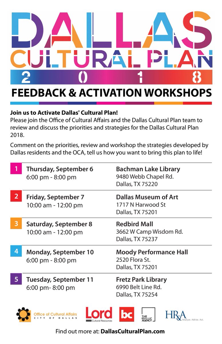 dallasculture's tweet photo. Dallas Cultural Plan Feedback and Activation Workshops kick off this week! Join us and let your voice be heard!! 

Click to review the Draft Dallas Cultural Plan and Policy and to RSVP: https://t.co/1Lve952Z5A #dcp2018 #DallasCulture https://t.co/NTPZD2Fjnw