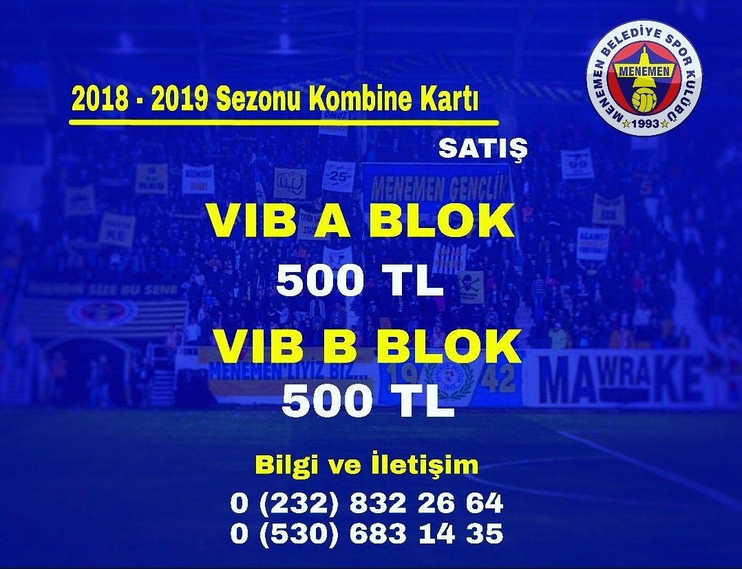 MenemenFK's tweet photo. 2018-2019 Sezonu kombine kartlarımızın satışı başlamıştır. Kombineni al takımını yalnız bırakma.

#SevdamızMenemenspor
#SendeOradaOl
#OseneBusene https://t.co/oJZwVN5Zns