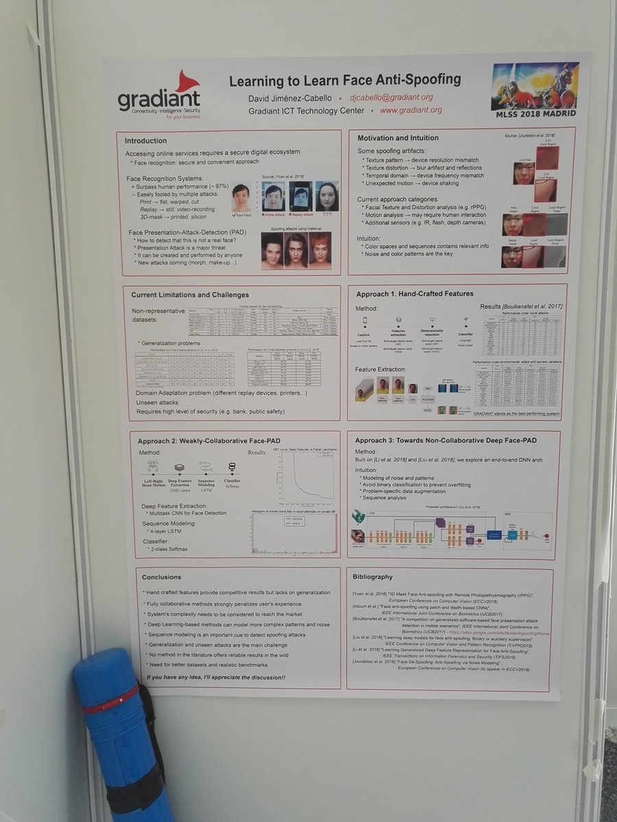 Gradiant's tweet photo. We're still at #MLSSMadrid ! Our colleague David Jiménez is now getting ready for his presentation about face #antispoofing #MachineLearning https://t.co/4dxylOas9m