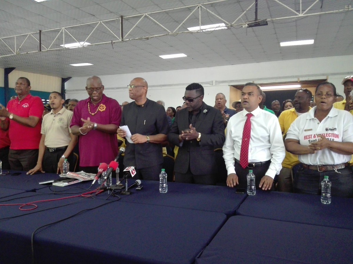 kfelmine's tweet image. Union leaders unite for the common cause of sending a message to the government @ Palms Club, San Fernando. #restandreflect #Sept7 #trinidad #TrinidadAndTobago #politics