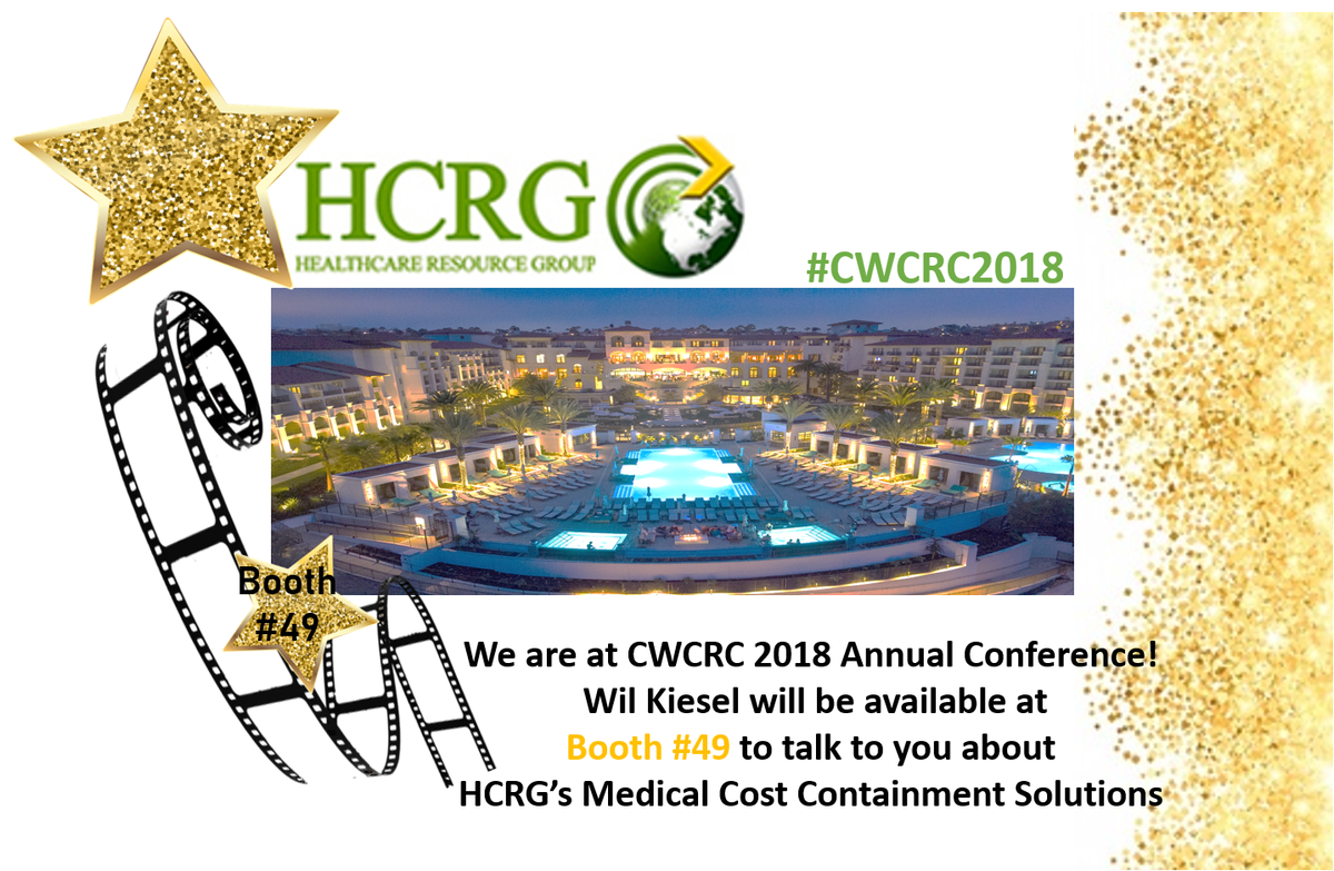 HCRGMain's tweet photo. We are at @cwcrc 2018 Annual Conference @MonarchBResort tomorrow, Sept. 5th-7th! Wil Kiesel will be available at Booth #49 to talk to you about HCRG’s Medical Cost Containment Solutions. #CWCRC18 https://t.co/PKe7xH0mbp