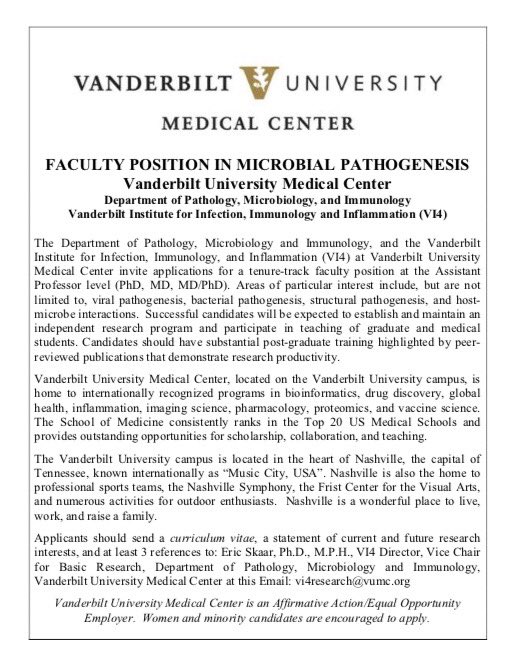 Announcing a search for a new faculty member studying microbial pathogenesis at Vanderbilt. Join our growing group in Nashville! Please RT. ⁦@VI4Research⁩