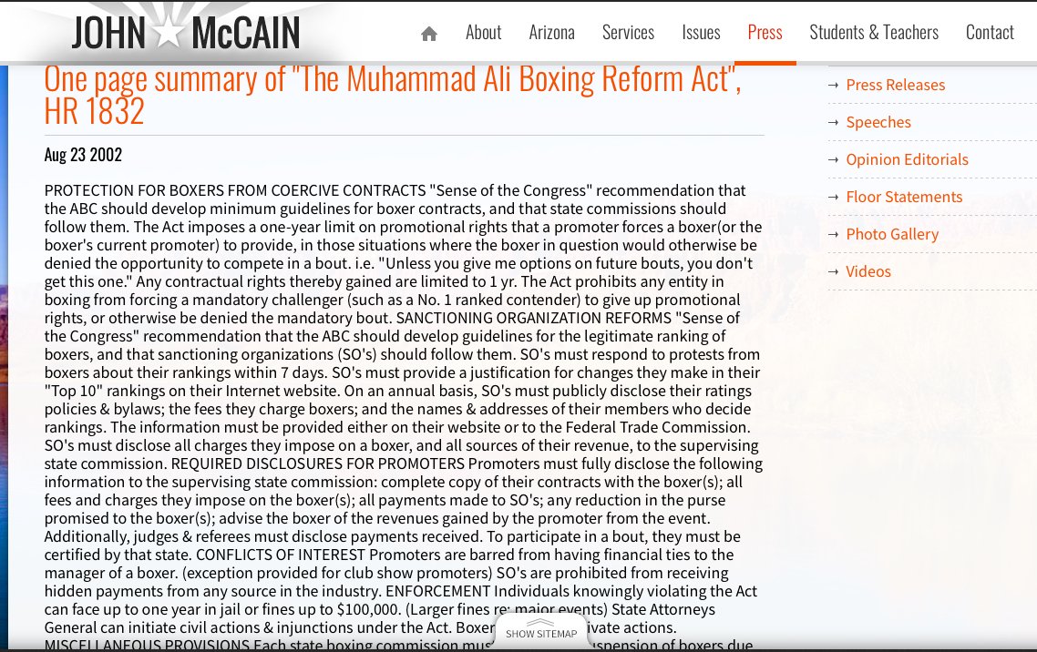 As a champion of boxers, not just the sport of boxing, McCain fought for financial transparency from promoters- this was TO PROTECT BOXERS.  https://www.mccain.senate.gov/public/index.cfm/press-releases?ID=D2F95B28-EC7D-4CD5-9CE1-D3FFAEA893BB