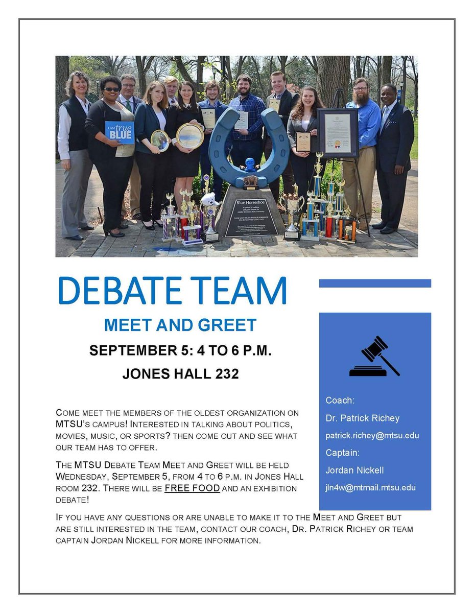 mtsudebate's tweet photo. Come by tomorrow and meet our team and learn about how you can become a Blue Raider debater! https://t.co/uUSpuDi3qd