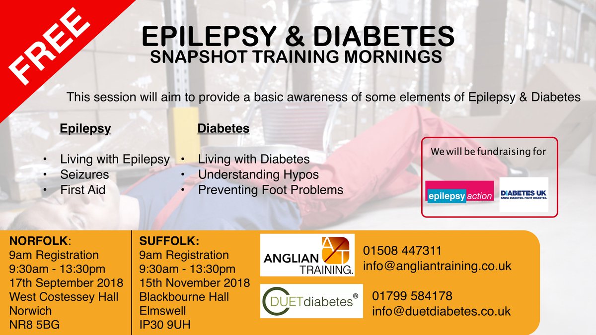 We have some spaces available on the Free Epilepsy &amp; Diabetes snapshot session that we are running this month with Duet Diabetes. Get in touch if you would like to come along - info@angliantraining.co.uk / 01508 447311

#training #nofolk #norwich #epilepsy #diabetes
