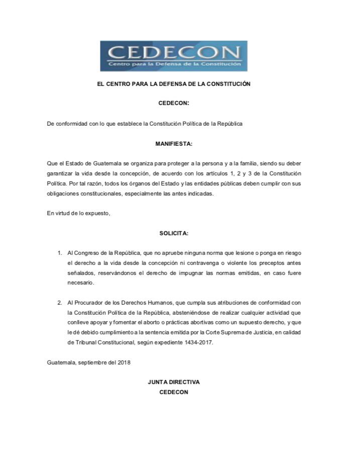 El Centro para la Defensa de la Constitución (Cedecon) emitió un comunicado para solicitar al #EUCongreso que no aprueba ninguna norma que lesione o ponga el riesgo el derecho a la vida desde la concepción.

Vía: Claudia Fajardo.