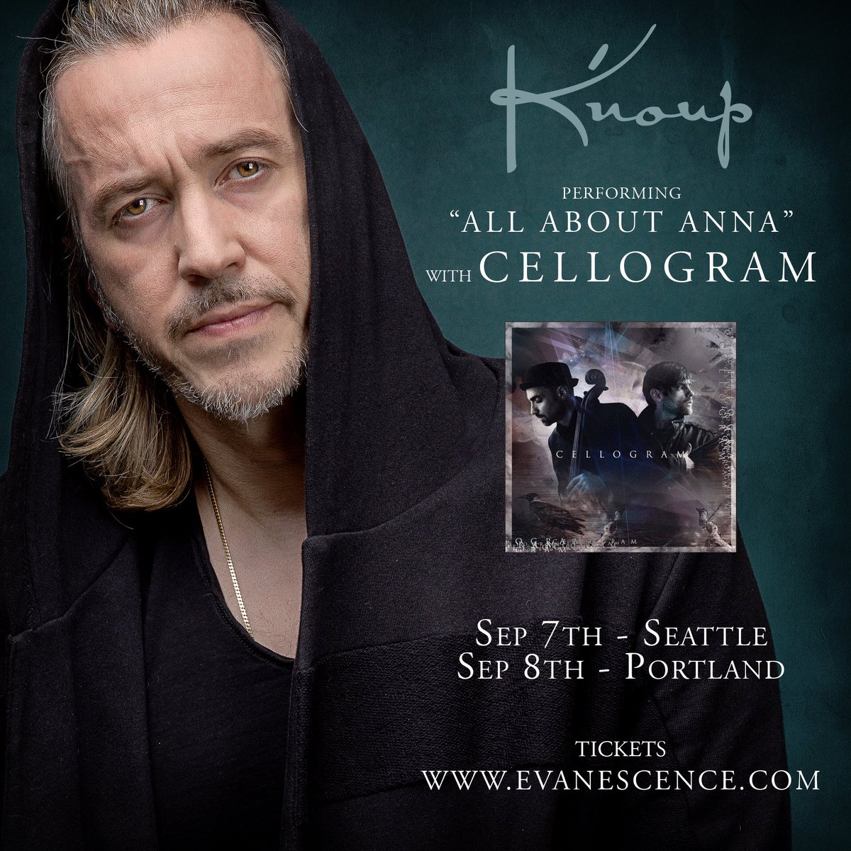 Knoup's tweet image. Performing ‘All About Anna’ this weekend with @cellogram99 in Seattle and Portland • tickets on sale Evanescence.com #cellogram #evanescence