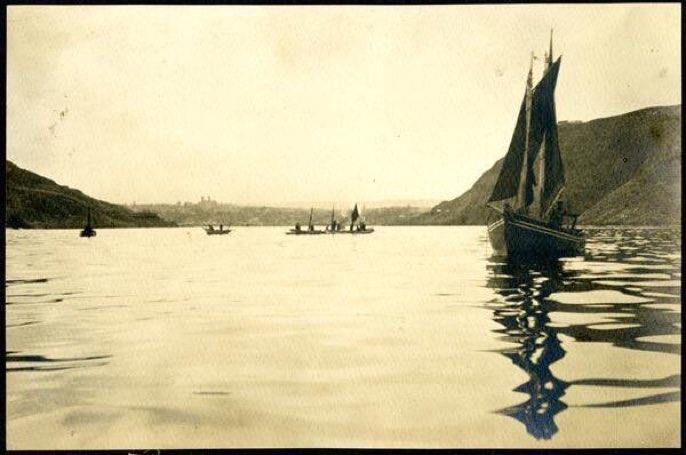 Fishing boats just outside The Narrows, taken between 1892 and 1904. Photo by Robert Edwards Holloway.