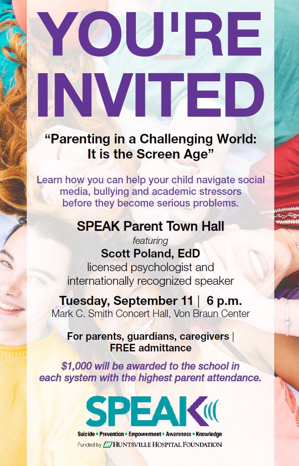 HH_Foundation's tweet image. The #free SPEAK Parent Town Hall is one week from today. You can't afford to miss it! #Huntsville #mentalhealth #SuicidePrevention