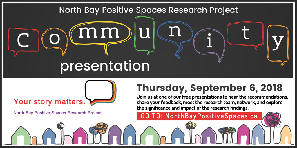 Will you be there? Show your support for our #NorthBay #LGBTQ2S+ #community? #NBayPositiveSpaces  <a href="/ONTrillium/">Ontario Trillium Foundation</a>  @nbdmc  #PositiveSpaces  #NipissingDistrict #LGBTQNewcomers #LGBT #LGBTQ #LGBTQIA #cdnimm #Newcomers Register here: bit.ly/2PRhs8X