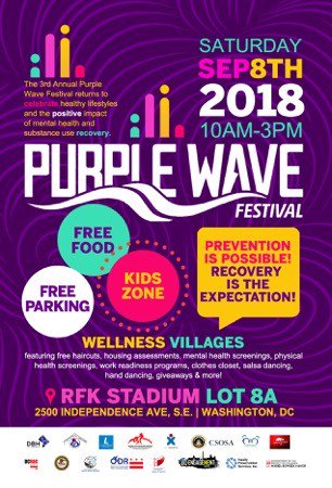 DCHealthCareFin's tweet photo. Need an activity for the entire family? @DBHforRecovery has you covered w/ #PurpleWaveFestival! We’re talking a kid’s zone, free food, free haircuts, music, dancing and a connection to behavioral health services! Don’t miss this opportunity to #CaththeWave! https://t.co/U8OjvTaUDk
