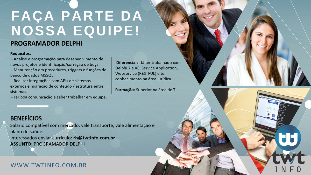 twtsoftware's tweet image. A TWT Info está crescendo! Venha fazer parte da nossa equipe!
Oportunidade para programador Delphi em BH . 
Caso possua os requisitos da vaga, envie seu currículo para rh@twtinfo.com.br 

#TWTInfo #ADWwin #Vaga #ProgramadorDelphi #BH