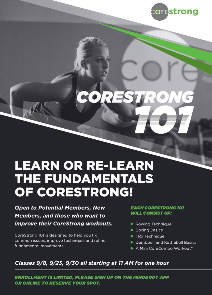 BeCoreStrong's tweet image. Looking to focus on your exercise techniques?? Sign up for CoreStrong 101! Three opportunities to learn about rowing, boxing, TRx, and more!
