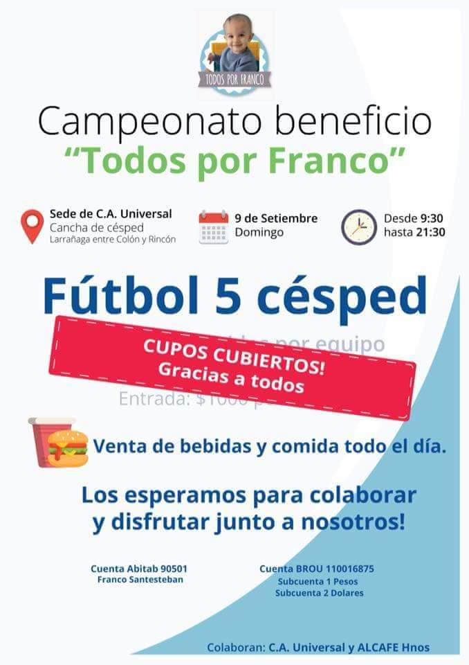 sacapukes's tweet photo. Este domingo 9 estaremos jugando en el torneo a beneficio de Franquito, apoyando una buena causa, colaborar y divertirnos un rato. Habrá cantina, venta de comida y bebidas, sorteos y mucho mas! Los esperamos a todos a dar una mano desde donde se pueda, #TodosJuntosEsMásFácil💪. https://t.co/tM33e6QJjj
