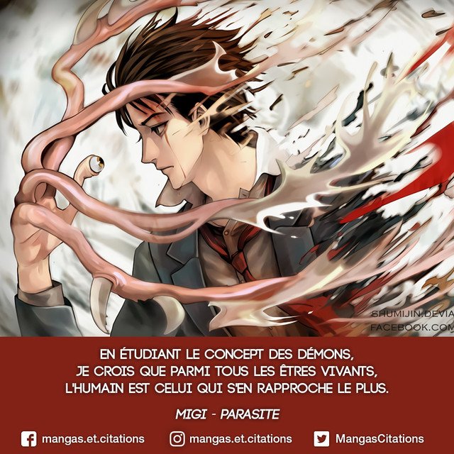 Citation Manga Anime En Twitter En Etudiant Le Concept Des Demons Je Crois Que Parmi Tous Les Etres Vivants L Humain Est Celui Qui S En Rapproche Le Plus Migi Parasite Fanart