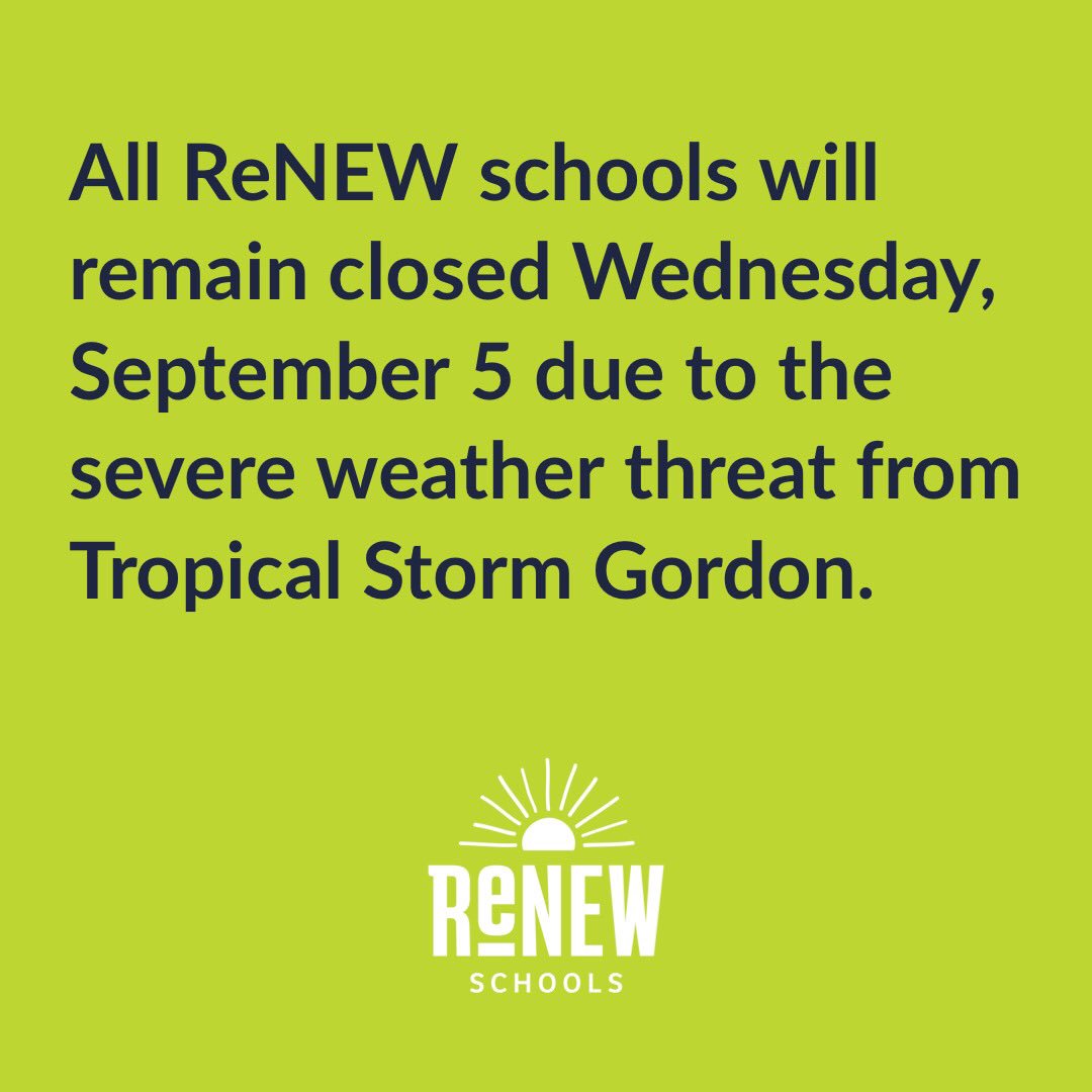 Due to the severe weather threat from Tropical Storm Gordon, the Orleans Parish School Board (OPSB) announced all parish schools will remain closed Wednesday, Sept 5. 
We will keep families updated on future operational plans. #renewschools #opsb #nolaed #nola