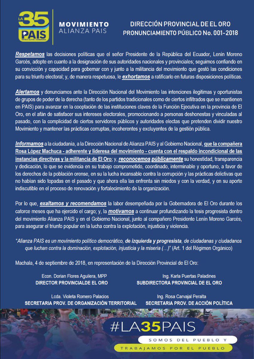 📣 PRONUNCIAMIENTO 📣

La Dirección Provincial #ElOro de <a href="/35PAIS/">Pily Castillo KRC 🗣️</a> a la ciudadanía, Dirección Nacional y compañeros <a href="/Lenin/">Lenín Moreno</a> Moreno, <a href="/GustavoBarojaN/">Gustavo Baroja</a>, <a href="/PaulGranda/">Paúl Granda 🇪🇨</a>, compañeras <a href="/marialevicuna/">Ma. Alejandra Vicuña</a>, <a href="/ElizCabezas/">Elizabeth Cabezas G.</a>, ante coyuntura provincial e intereses oportunistas.

#La35PAIS <a href="/comunicacion_ap/">Alianza PAIS - La 35</a>