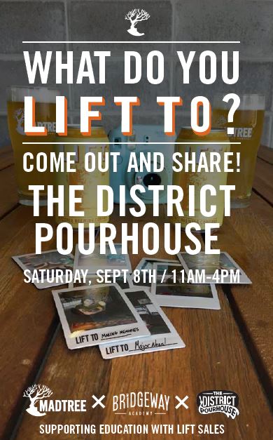 bridgewayohio's tweet photo. We're so grateful for partners like @MadTree Brewing who are sharing a portion of the proceeds of Lift beer to benefit our students. Join us this Saturday at The District Pourhouse.
What do you #LiftTo?
#bridgewayohio #madtree https://t.co/joQzRdyM6q