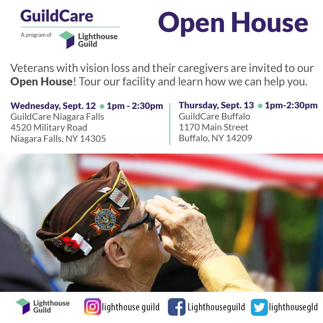 lighthousegld's tweet photo. GuildCare invites #Veterans with #visionloss in Buffalo and Niagara Falls to visit the #free Open Houses and tour our  facilities next week.
Niagara, Sept. 12 
https://t.co/83CEtPELtQ
Buffalo, Sept. 13
https://t.co/mE7jKwNAuV https://t.co/fpk47WQ0eH