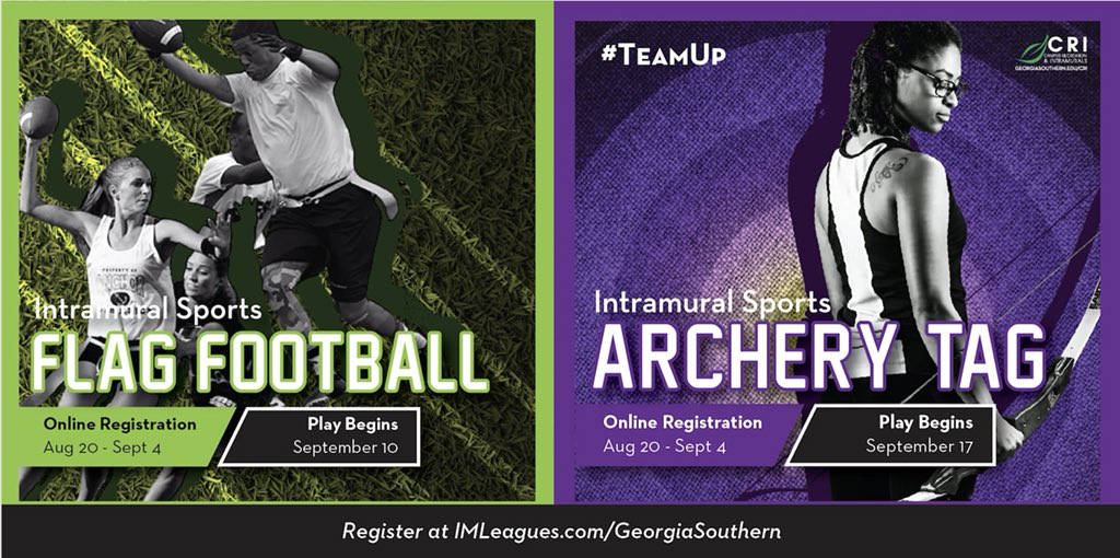GSUIntramurals's tweet photo. Registration closes tonight at 11 PM for Flag Football and Archery Tag. 

🚨RT and like this tweet for your chance to win a CRI T-shirt!🚨 https://t.co/sutXSgR6sG