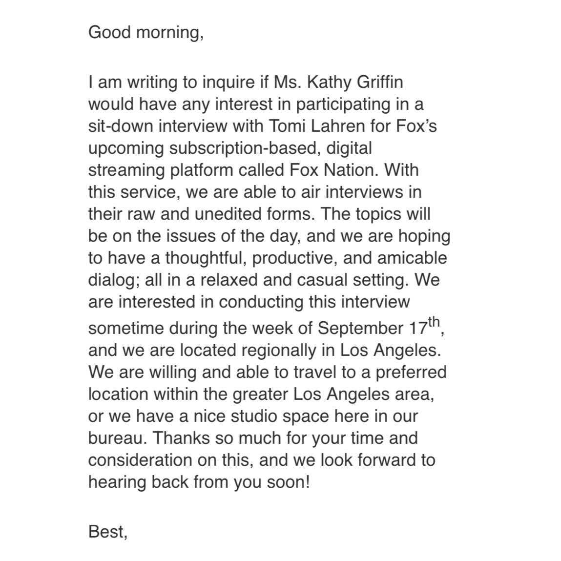kathygriffin's tweet photo. Dear @TomiLahren, 

You and your network told me my career was over and that I was irrelevant. Now you want to interview me. Not only do I not want to waste my time with you, I’m too busy selling out shows on my US tour. 

Go Fuck Yourself, 

Kathy Griffin https://t.co/hAj5sjaTdd