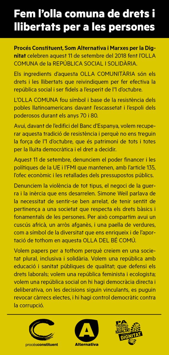 ProcesConst's tweet photo. [11S] Us convidem davant Banc Espanya, Pl Catalunya/Portal Àngel  Bcn, 11:30 a 14 
"Per denunciar el poder financer i corrupte i per reivindicar els drets i les llibertats per a la República social" @somAlternativa @AlbanoDante76 @aoliveres @Marxa22mBCN
#LlibertatPresosPolitics https://t.co/H6MLcB99pF